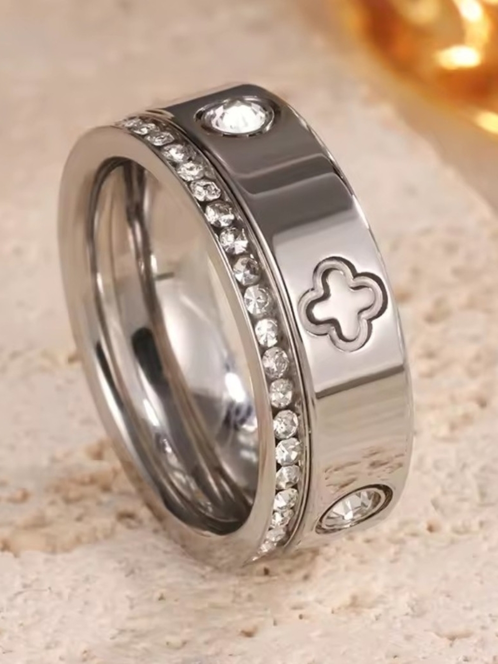 Sterling Silver-Tone Crystal Band Ring - Silver-2 peice